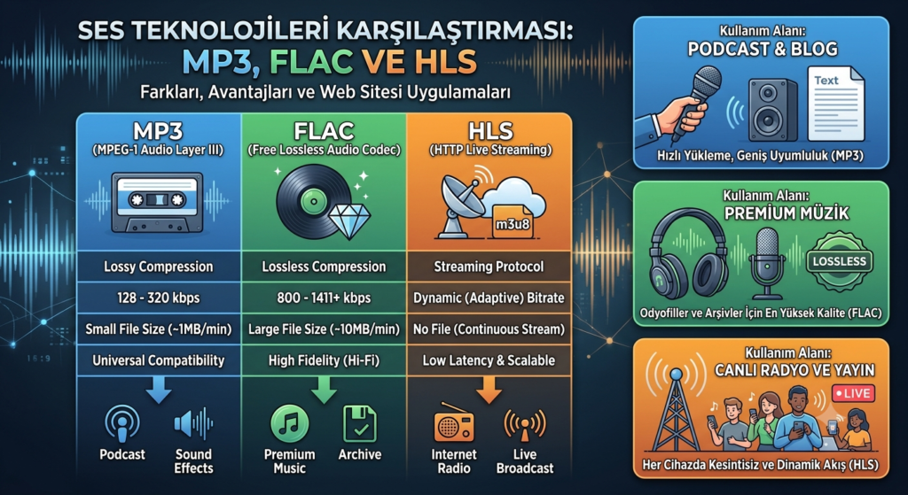 Modern Web Teknolojileri ve Ses Performansı: MP3, FLAC ve HLS Akış Protokollerinin Detaylı Karşılaştırması
